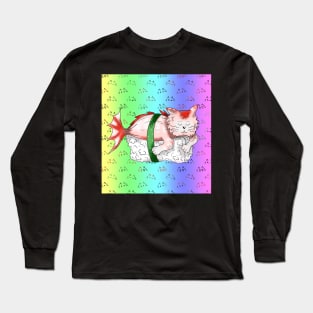 sushi cat on a pale rainbow background Long Sleeve T-Shirt